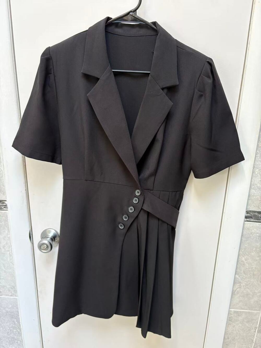 Black Short Sleeve Blazer Dress Asymmetric Diagonal Button Pleated Mini Small